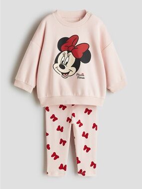 H&M & Disney Pink Minnie Mouse 2 piece printed  Set with Red Bow Accents